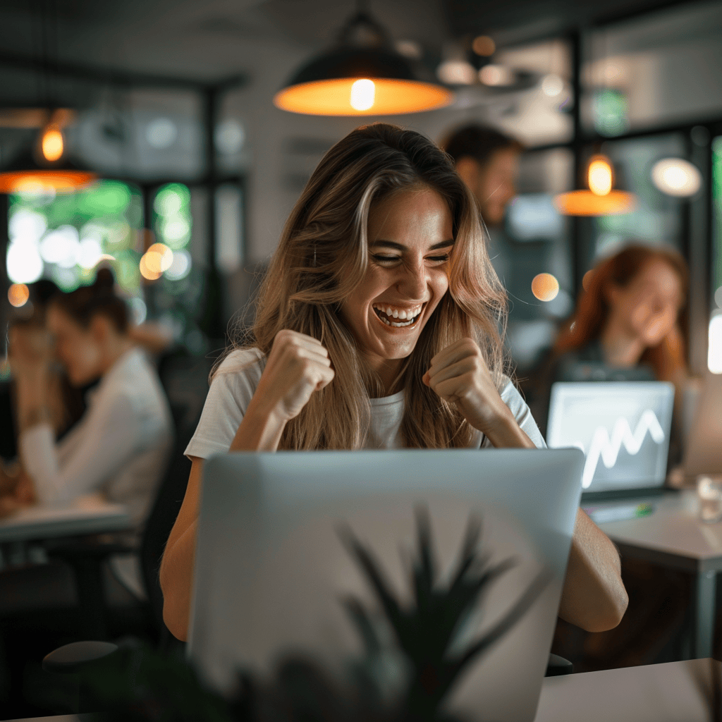 jeune femme souriante en open space serrant le poing en guise de reussite