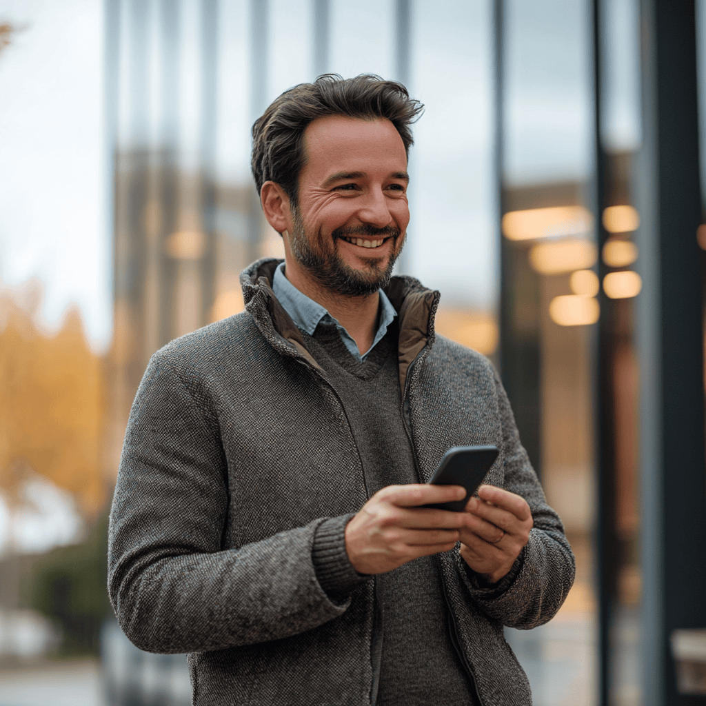 homme souriant avec son telephone en main